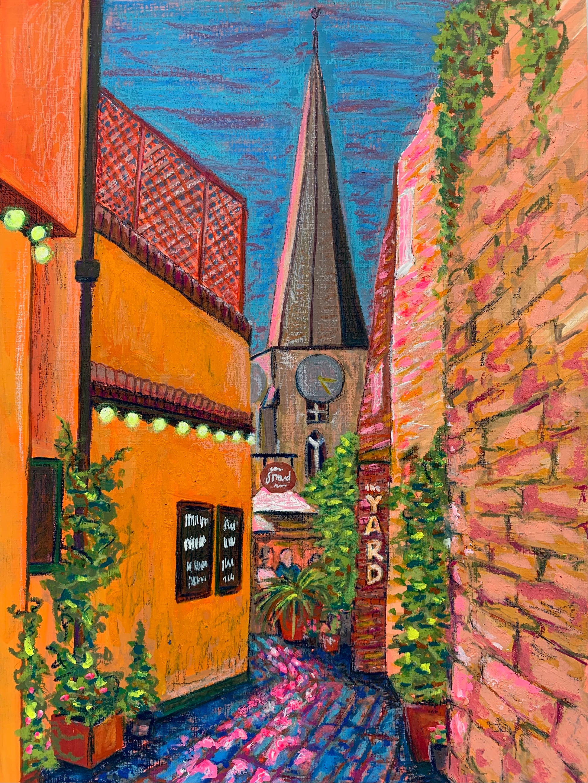 The Yard Stroud painting art print contemporary style bright colours sunrise sunset bold mixed media art Cotswolds