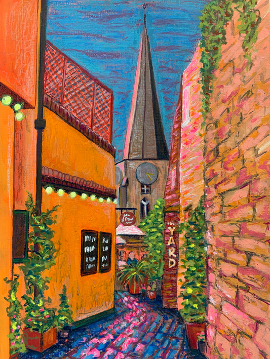 The Yard Stroud painting art print contemporary style bright colours sunrise sunset bold mixed media art Cotswolds