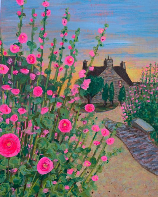 Hollyhocks in Box village art print Cotswolds