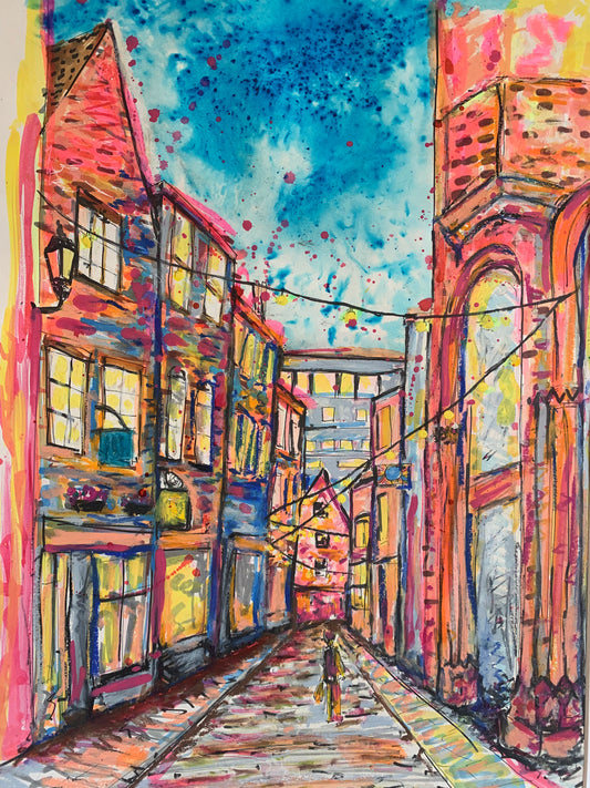 Christmas Steps, Bristol Art Print, bright colours contemporary style mixed media print