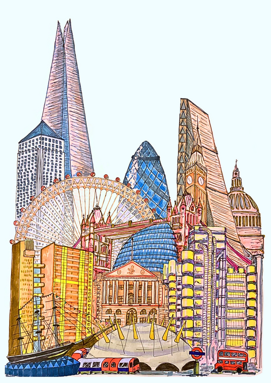 London Landmark buildings cityscape sketch. Shard | Canada Square Canary Wharf | London Eye | Gherkin | Cheese Grater | Big Ben | St Paul’s Cathedral | Tower Bridge | City Hall | Bank of England | Belfron Tower | Lloyds Building | Cutty Sark | Millennium Dome O2 Arena | London Bus / London Transport